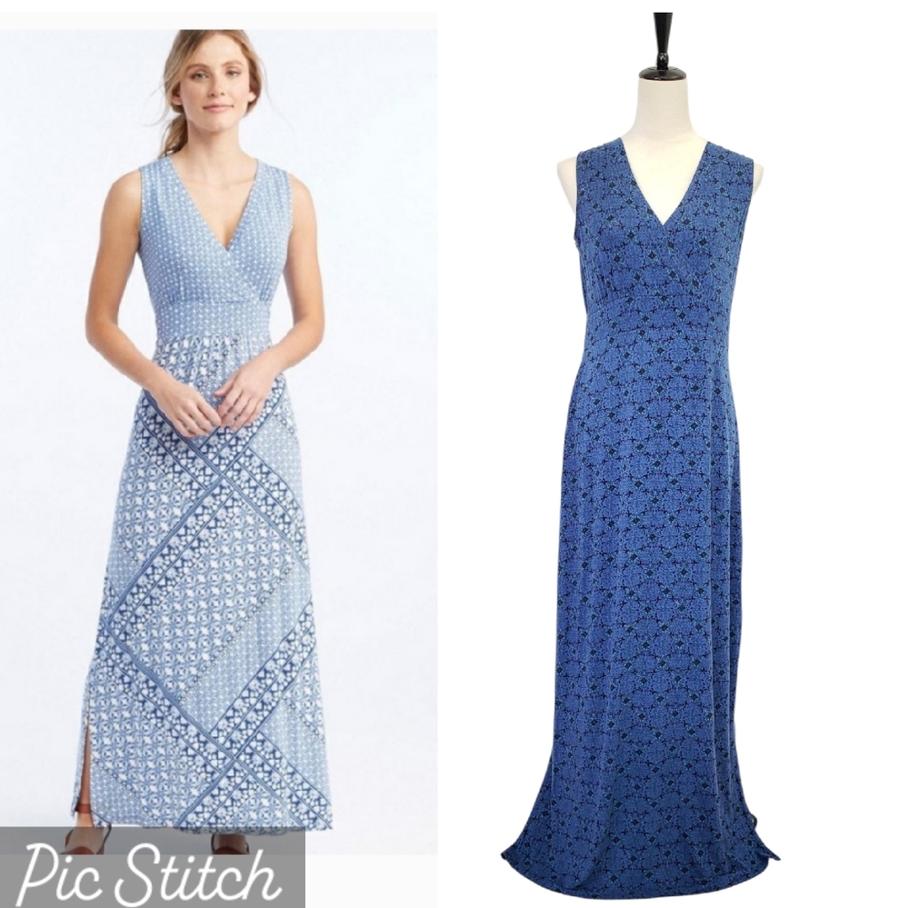 L. L. Bean Summer Knit Geo Floral Print  Maxi Dress Sz MP Blue Coastal Modest